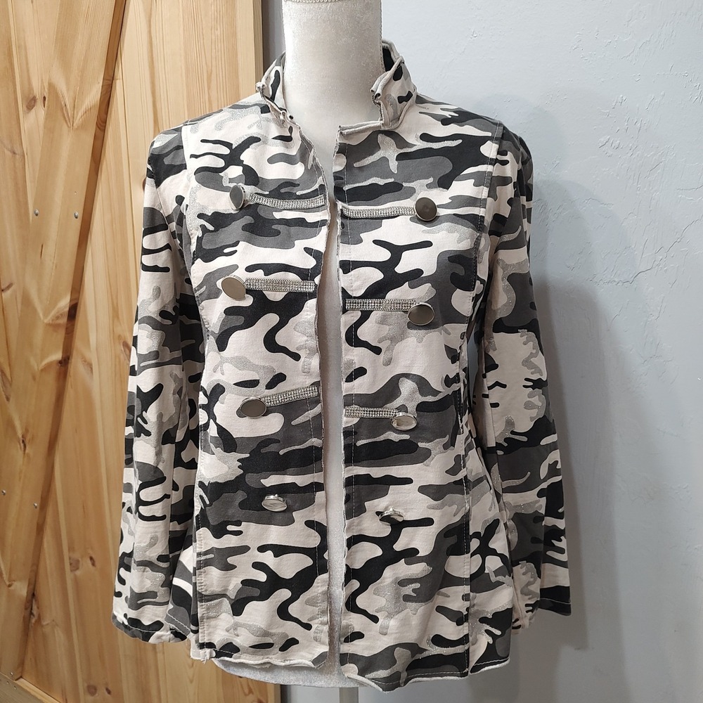 Gigi Moda Jacket Women Medium Grey Military Crystal Embellish Raw Hem Cotton
